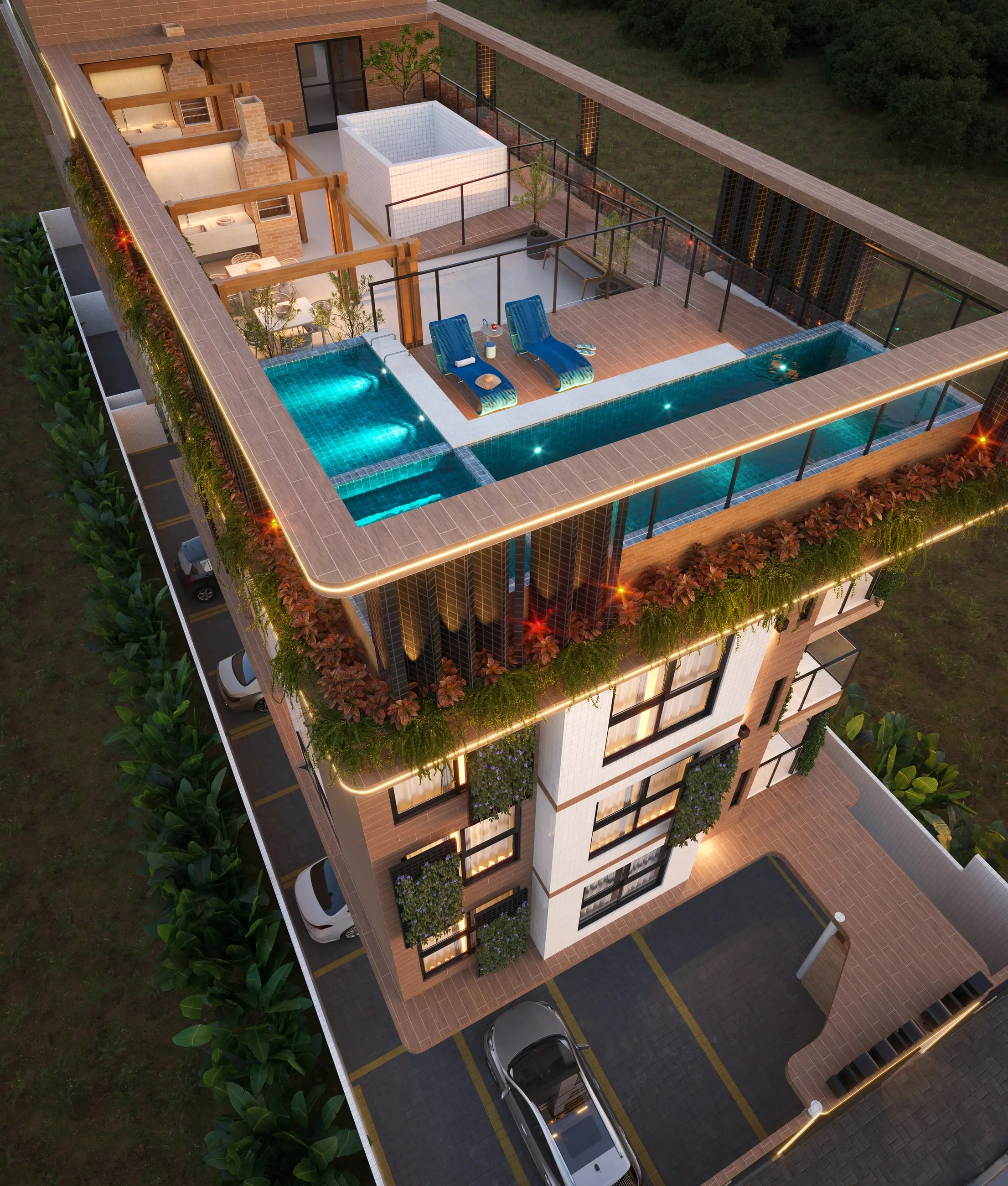 Vista aérea do URBIS ONE ao entardecer, com rooftop de piscina, espaço gourmet e a fachada iluminada
