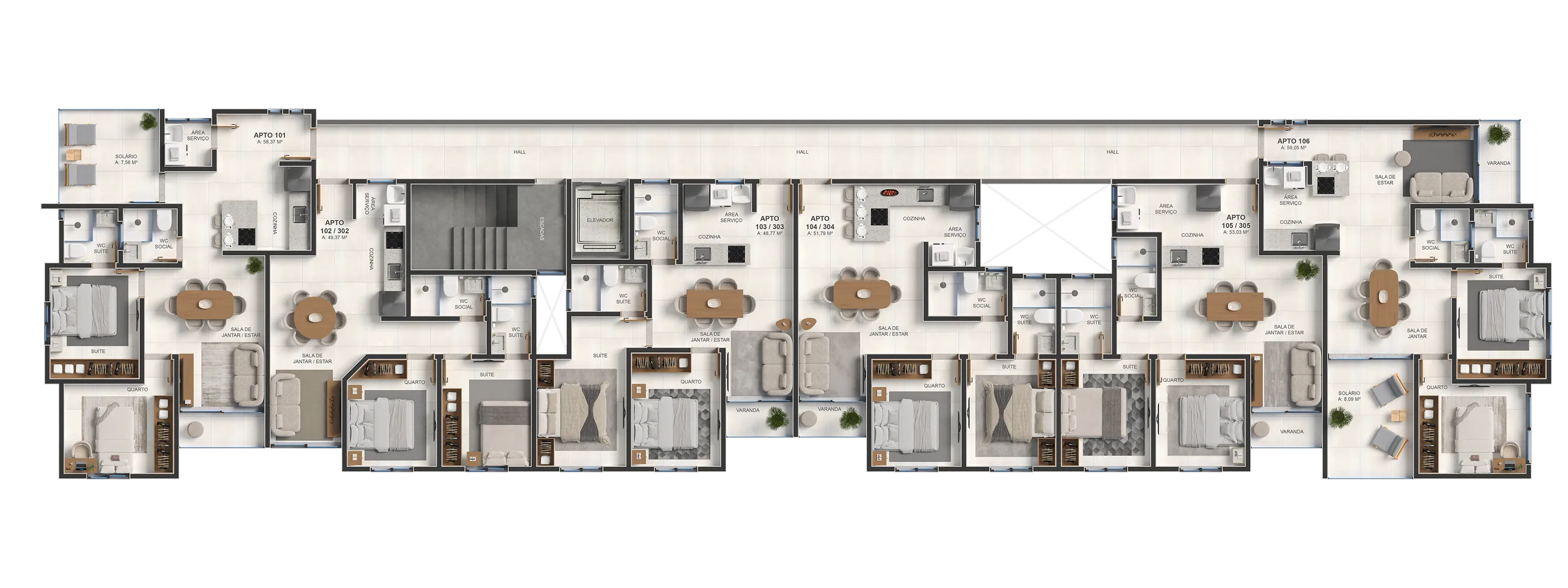 Planta humanizada — 1º Pavimento, Unidades tipo de 2 quartos