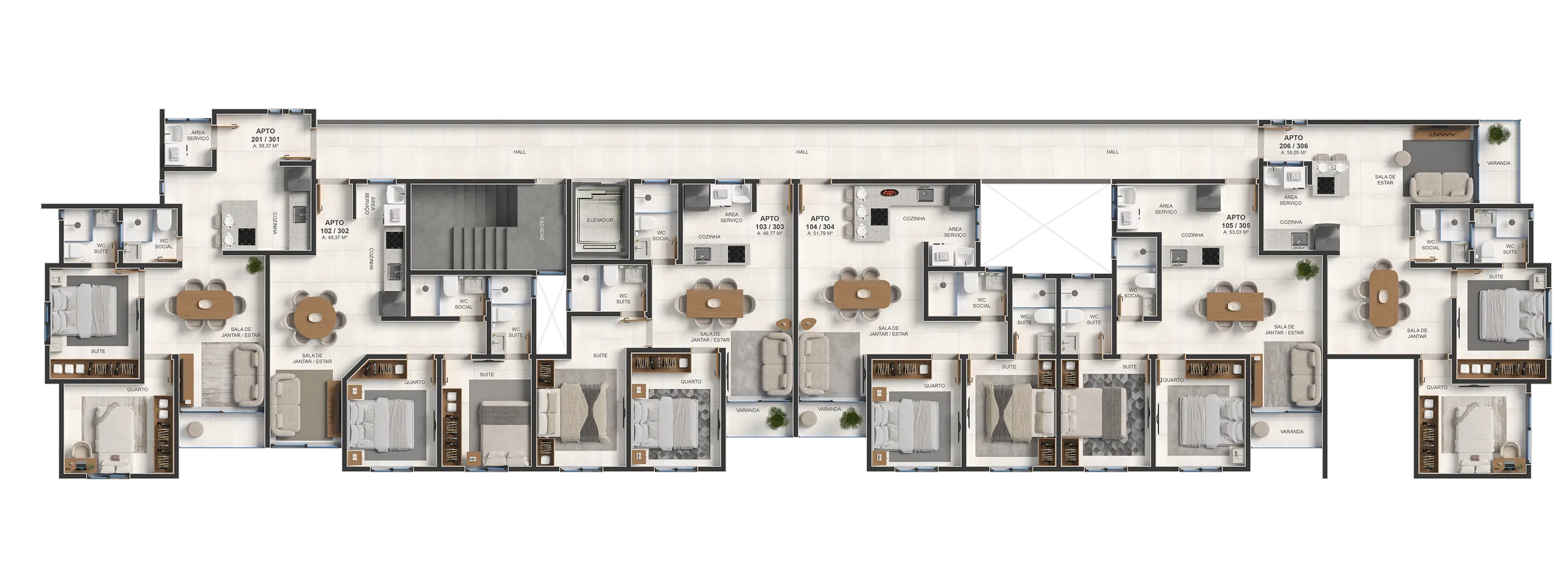 Planta humanizada — Pavimento Tipo, 6 unidades por andar