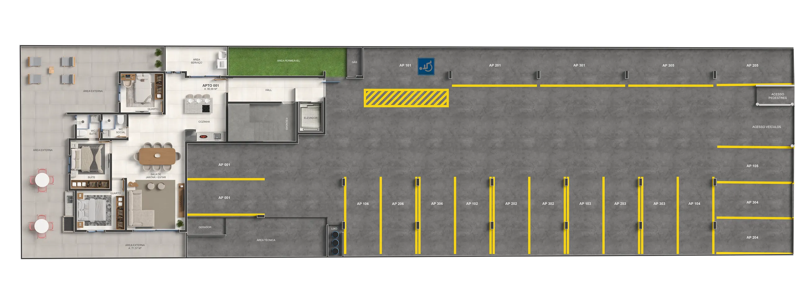 Planta humanizada — Térreo, Apartamento de 3 quartos + garagem